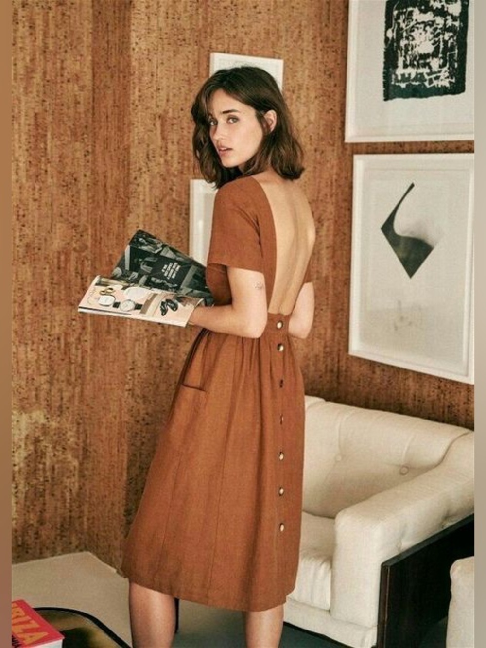 Sezane Odalie Backless Linen Midi Dress Mocha 36 EU 4 US